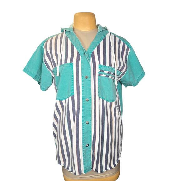 Vintage 80s 90s Teez Me Hooded Shirt L Button Front Striped Retro Surf Skater - Picture 1 of 10